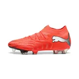Championes de fútbol Puma Future 9 Ultimate FG, color naranja vibrante, con cuello tejido integrado y logo Puma en el lateral. Suela con tapones diseñados para césped firme (FG).