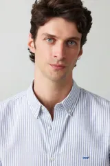 Camisa celeste y blanca a rayas verticales, de manga larga y corte clásico.