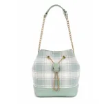 Cartera tipo bolso balde en tonos verde menta y blanco con diseño de cuadros. Cuenta con detalles de herrajes dorados, correa combinada de cadena y tira de cuero sintético, y un cierre de cordón ajustable con un dije decorativo en forma de cabeza de serpiente.