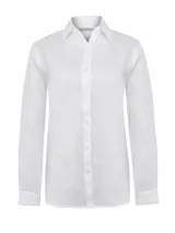 Blusa de lino orgánico color blanco, con cuello camisero, cierre frontal con botones y mangas largas.