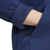 Buzo canguro azul marino con capucha ajustable con cordón, bolsillo tipo canguro y logo Adidas bordado en blanco en el pecho.