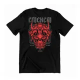 Remera negra de algodón con estampa frontal de estilo japonés que presenta una máscara Oni en color rojo y detalles en gris.