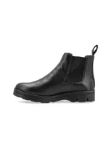 Botin chelsea de cuero vacuno negro con suela track de goma, elásticos laterales texturados y tirador trasero.