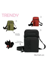 Billetera negra con dos compartimentos con cierre y correa de hombro desmontable.