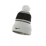 Gorro de lana Nike Peak con pompón, a rayas horizontales grises y negras, con logo de la marca bordado en negro.