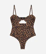 Malla entera de microfibra con estampado animal print de leopardo, breteles finos regulables, escote con abertura frontal y nudo, y forro interno.