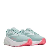 Championes de running Under Armour modelo W Rogue 6, color turquesa con detalles en blanco y suela con acentos en color fucsia. Presentan diseño de malla transpirable y logo de la marca en el lateral.