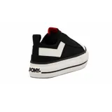 Zapatilla Pony urbana de lona negra con elásticos blancos cruzados en el empeine y suela de plataforma blanca con línea negra.