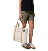 Bolso tipo tote bag Columbia modelo Cottonwood Creek, color blanco con asas y detalles en tostado. Cuenta con cierre superior con cremallera, bolsillo interior para botella, compartimento para accesorios, gran bolsillo frontal y forro interno estampado.