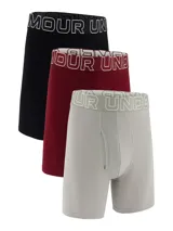 Pack de tres bóxers Under Armour Performance Cotton de corte largo, en colores negro, bordó y gris, con cintura elástica con logo de la marca.