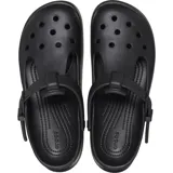 Zuecos Crocs estilo Mary Jane en color negro, con diseño de plataforma, tira frontal ajustable con hebilla y perforaciones en la puntera.