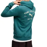 Canguro Puma de color verde petróleo, con capucha ajustable con cordones, bolsillo frontal tipo canguro y logo de la marca estampado en el pecho. Presenta puños con detalle de rayas en contraste.