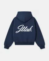 Hoodie azul marino con capucha y estampa tipográfica blanca en la espalda.
