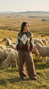 Sweater de lana merino con diseño clásico de rombos en tonos chocolate, crudo y bordeaux. Presenta cuello redondo, mangas largas y puños y ruedo acanalados.
