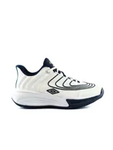 Championes deportivos Umbro para hombre, color gris con detalles en azul y suela blanca y azul.