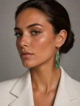 Aros colgantes de diseño orgánico en forma de hoja, elaborados en cobre oxidado con pátina verde y detalles metálicos dorados. Cuentan con pasante de plata esterlina.