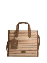 Cartera tipo tote bag Hush Puppies de diseño estructurado, confeccionada con tejido en patrón zigzag en tonos marrones, tostados y blancos. Cuenta con asas superiores de mano, ribetes y detalles en cuero sintético marrón, correa ajustable para el hombro y un llavero colgante con el logo de la marca.