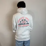 Canguro blanco con capucha y cordones ajustables, con estampado en la espalda que incluye palmeras, olas y el texto "Longboard Contest Santa Barbara Southern California".