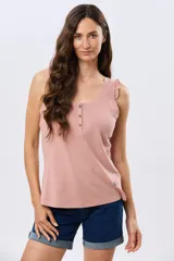 Musculosa azul marino con escote redondo y tirantes decorados con volados fruncidos.
