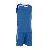 Conjunto deportivo Joma de básquetbol, compuesto por camiseta sin mangas con cuello y sisas en contraste, y short con cintura elástica y vivos laterales. Color azul con detalles en blanco.