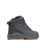 Bota de senderismo Columbia modelo Newton Wander Ltr, color gris con suela de goma color caramelo. Presenta diseño de caña media, cierre con cordones, herrajes metálicos y construcción impermeable con tecnología Omni-Tech.