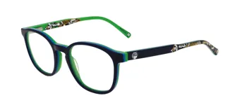 Armazón de acetato para lentes de receta, con frente azul marino y verde, patillas verdes con estampado de personajes de la película Minions.