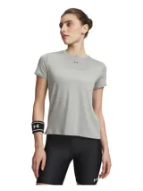 Remera deportiva Under Armour Vanish SS de manga corta y cuello redondo, color gris claro, diseñada para entrenamientos intensos con tejido transpirable, elástico y de secado rápido.