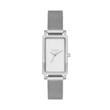 Reloj Skagen Hagen Lille con caja rectangular de acero inoxidable plateado de 22mm y malla metálica tipo mesh de 14mm. Esfera blanca con acabado sandblast y cristal mineral. Resistente al agua 3 ATM.