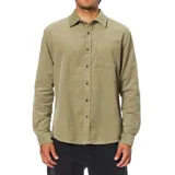 Camisa de manga larga confeccionada en pana de algodón color verde oliva, con corte clásico, cierre frontal de botones y bolsillo aplicado en el pecho.