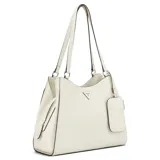 Cartera tipo tote de Guess en color blanco crema, confeccionada en símil cuero con estampado gofrado del monograma de la marca. Cuenta con dos asas largas para el hombro, herrajes metálicos plateados, un charm colgante tipo monedero y el logo triangular de Guess en la parte frontal.
