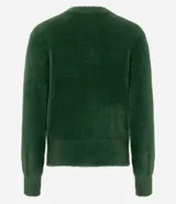 Cardigan de punto verde oscuro, con textura afelpada y cuello redondo. Cierre frontal con botones dorados y mangas largas con puños largos.