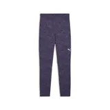 Calza deportiva Puma de tiro alto y largo 7/8, con diseño estampado en tonos violeta y logo de la marca estampado en blanco en la pierna.