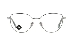 Armazón de anteojos estilo cat-eye con marco metálico plateado y patillas con detalle marmolado en tonos grisáceos.