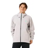 Campera técnica con capucha, color gris claro, con cierre frontal y bolsillos laterales con cremallera. Presenta detalles en color turquesa en los tiradores y logo en el pecho.