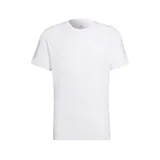 Remera deportiva Adidas Own The Run, color blanco con tres tiras plateadas en las mangas.