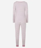 Conjunto de pijama largo de punto, compuesto por una blusa de manga larga con botones decorativos y un pantalón con cintura elástica y puños ajustados.