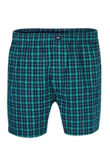 Calzoncillo tipo bóxer de tela con estampado a cuadros en tonos verde, azul marino y líneas blancas. Cuenta con cintura elástica y una pequeña etiqueta bordada en el centro.