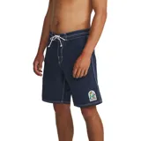 Short de baño azul marino Katin modelo Waterman, con costuras a contratono en blanco, cordón de ajuste en la cintura y un parche estampado en la pierna izquierda.