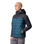 Campera técnica Columbia con capucha, diseñada con tecnología impermeable y transpirable Omni-Tech y forro termorreflectante Omni-Heat Infinity. Presenta construcción HeatSeal sin costuras, aislamiento de plumón de 650 fill power, cierre frontal completo, bolsillos laterales con cremallera y puños ajustables.