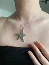 Collar con cadena de eslabones plateada y dije de estrella de cinco puntas plateada con diseño de espiral en su interior.