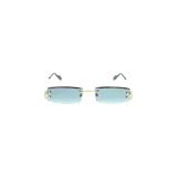 Lentes de sol Cartier con montura rectangular al aire, cristales en tono celeste y detalles metálicos dorados en las bisagras y el puente.