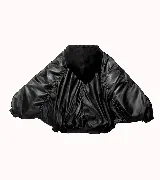 Campera bomber negra de tafeta tornasolada con capucha deportiva desmontable y cierre frontal.