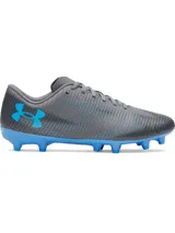 Championes de fútbol Under Armour Shadow Select 3 FG, color gris con detalles en azul brillante y suela con tapones cónicos.
