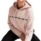 Buzo con capucha Puma para mujer, color rosa pálido, de corte cuadrado y relajado, con logo de Puma estampado en el pecho y cinta con el logo repetido a lo largo del pecho.
