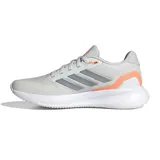 Championes de running Adidas Runfalcon 5 para mujer, color blanco con detalles en gris oscuro y coral/naranja. Presentan malla transpirable, las tres franjas características de Adidas en gris oscuro y entresuela con tecnología Cloudfoam.