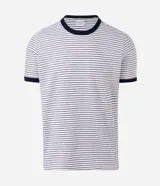 Remera de manga corta con diseño rayado y textura perforada. Presenta cuello redondo en color azul marino y corte clásico.