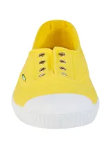Sneaker de algodón orgánico color amarillo de la marca RKF, modelo Greece, con suela y puntera de goma blanca.