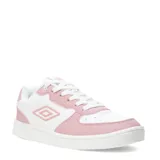 Championes urbanos Umbro modelo Milo, con diseño bicolor en blanco y rosado. Presentan una silueta clásica con perforaciones en la puntera para mayor ventilación y el logo de la marca aplicado en el lateral.