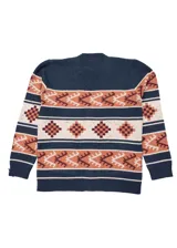 Cardigan tejido en lana y acrílico con diseño geométrico en frente y espalda y dos bolsillos delanteros.