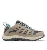 Championes de trekking Columbia modelo Crestwood Omni-Grip, color gris y beige con detalles en celeste, confeccionados en combinación de cuero y malla.